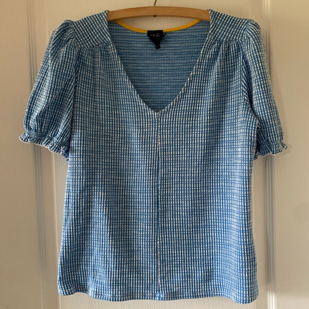 W5 Blue and White Checked V-Neck Puff Sleeve Top